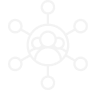 Wit pictogram van een verbonden netwerk met een centraal persoon in een cirkel, op een paarse achtergrond.
